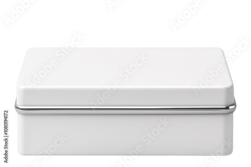 White rectangular tin box with a shiny silver clasp on a white isolate background.