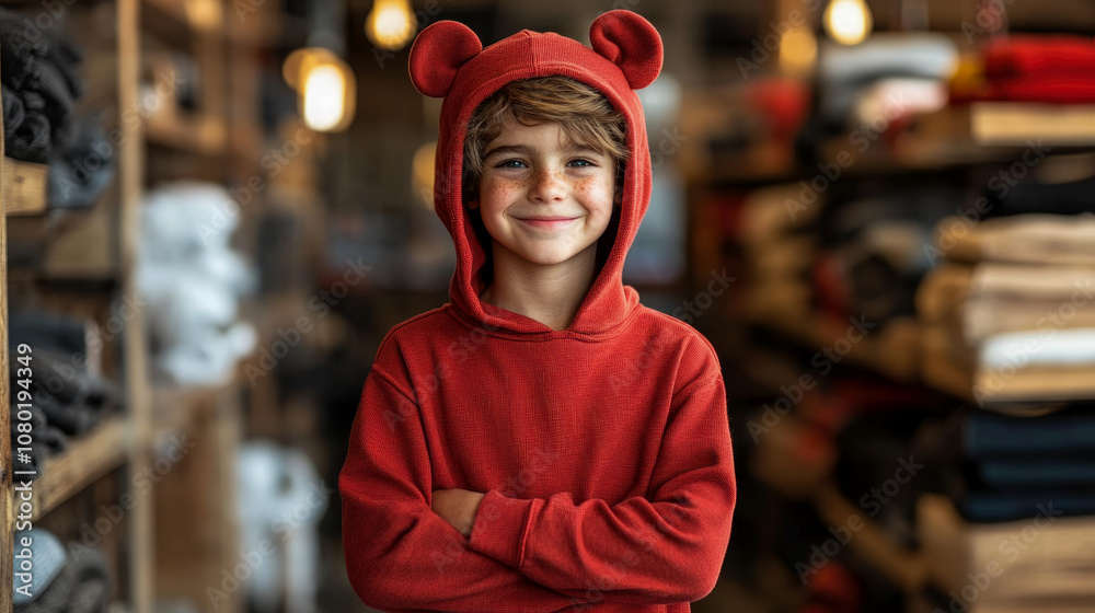 The boy smiles while crossing his arms, surrounded by neatly arranged clothing items in a warm, inviting store atmosphere The boy smiles while crossing his arms, surrounded by neatly arranged clothing items in a warm, inviting store atmosphere
