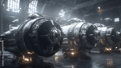 Fighter Jet Engines under Soft Light in Hangar photo