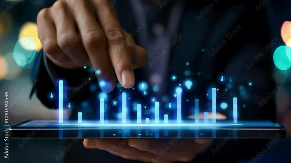 A hand of business man point to data histogram tablet illustration design	
