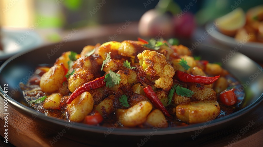 A vibrant dish featuring cauliflower, potatoes, and spices garnished with chilies and herbs. A vibrant dish featuring cauliflower, potatoes, and spices garnished with chilies and herbs.