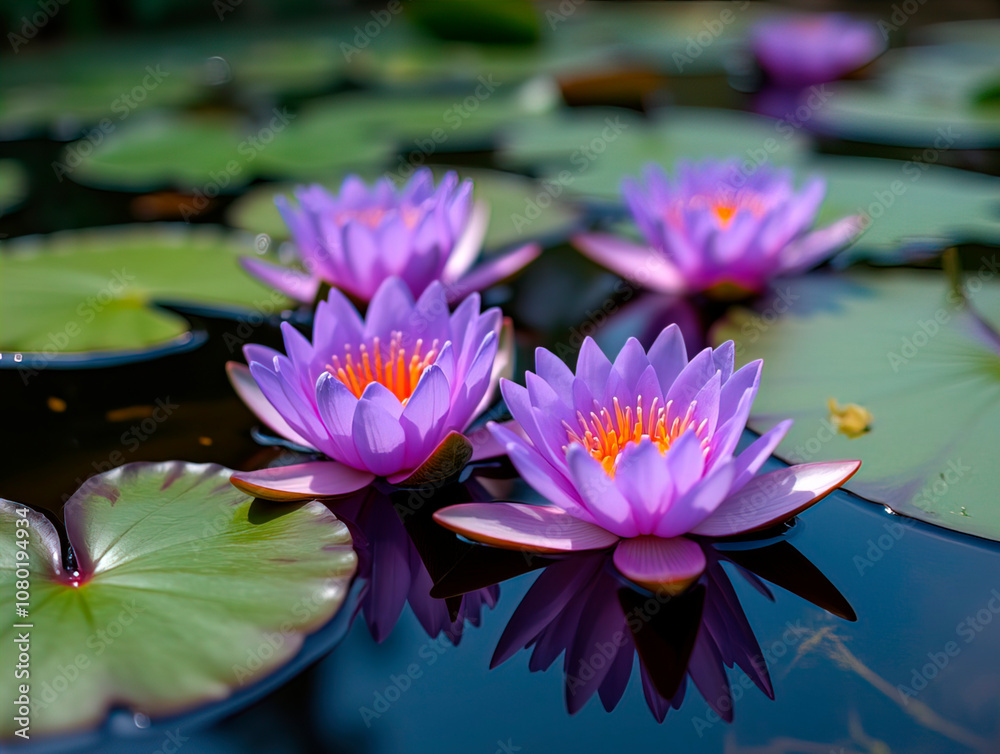 Beautiful purple water lilies in bloom, floating gracefully on a pond, with green lily pads in the background Beautiful purple water lilies in bloom, floating gracefully on a pond, with green lily pads in the background