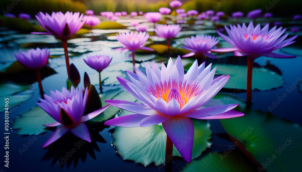 Beautiful purple water lilies in bloom, floating gracefully on a pond, with green lily pads in the background Beautiful purple water lilies in bloom, floating gracefully on a pond, with green lily pads in the background