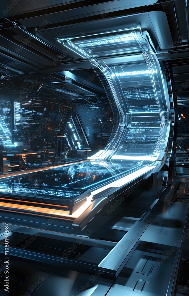 69. A 3D display with futuristic metallic textures, glowing lines, and an open area for showcasing a product. 69. A 3D display with futuristic metallic textures, glowing lines, and an open area for showcasing a product.