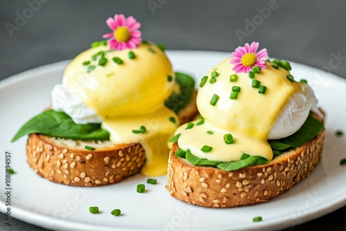 Two eggs Benedict with hollandaise sauce on a white plate, garnished with pink flowers and herbs.