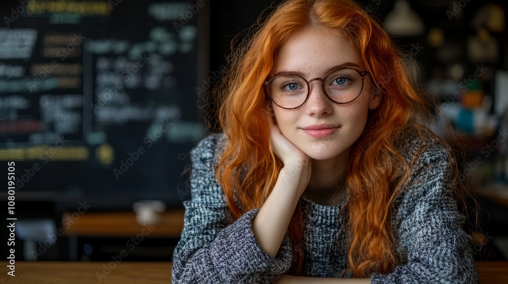 A red-haired girl with glasses sits in a café, smiling warmly while ...