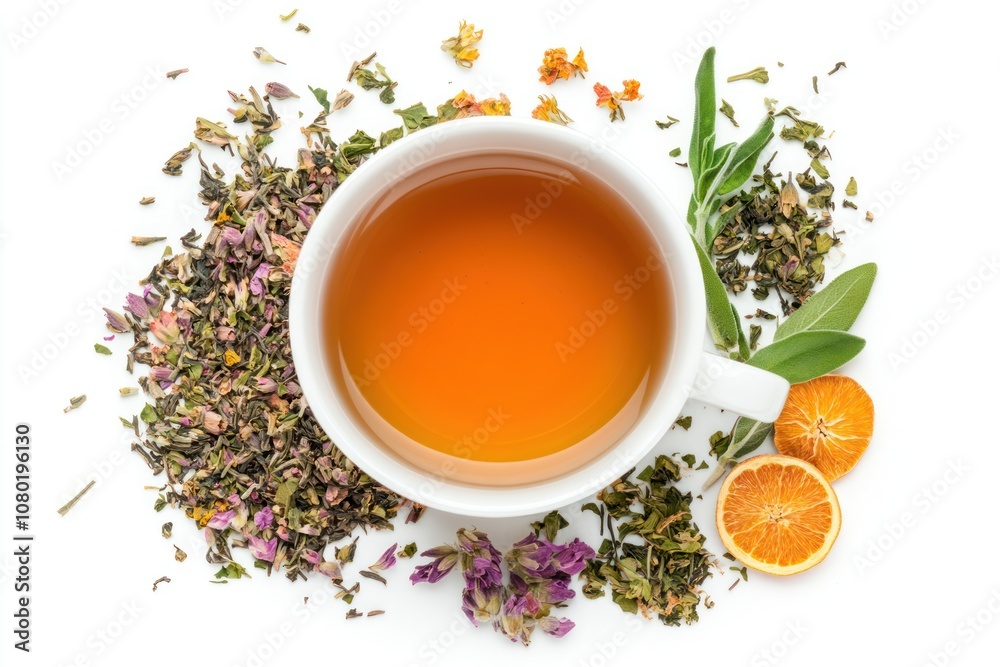 A cup of tea surrounded by dried herbs and orange slices, showcasing a soothing beverage.