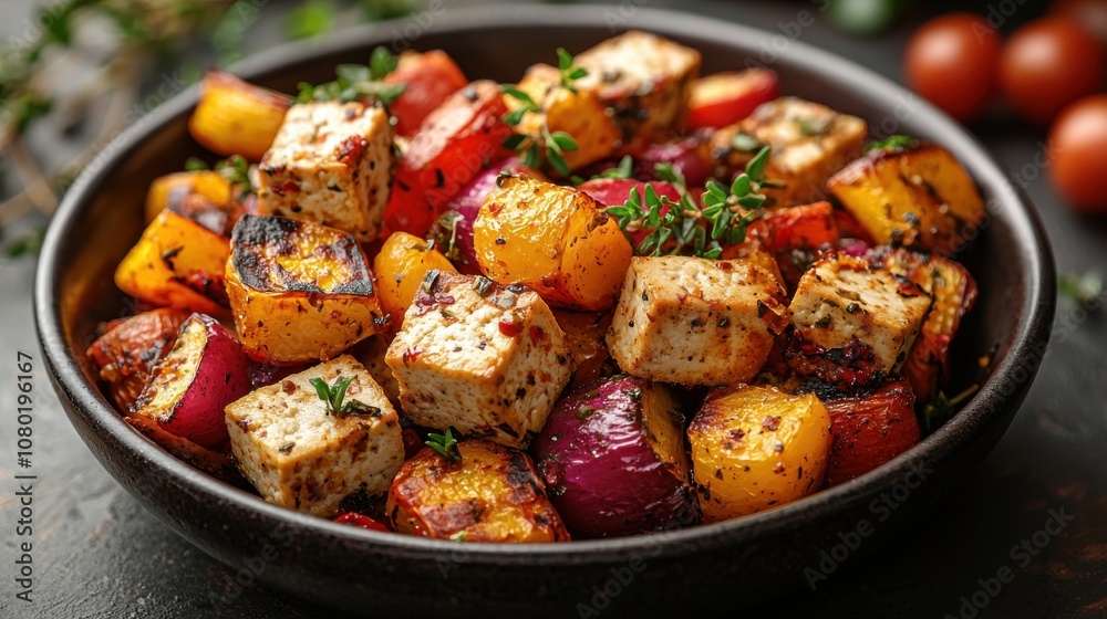 A flavorful mix of grilled tofu cubes and roasted bell peppers, onions, and cherry tomatoes, garnished with fresh herbs, ideal for a healthy, vegan meal.
