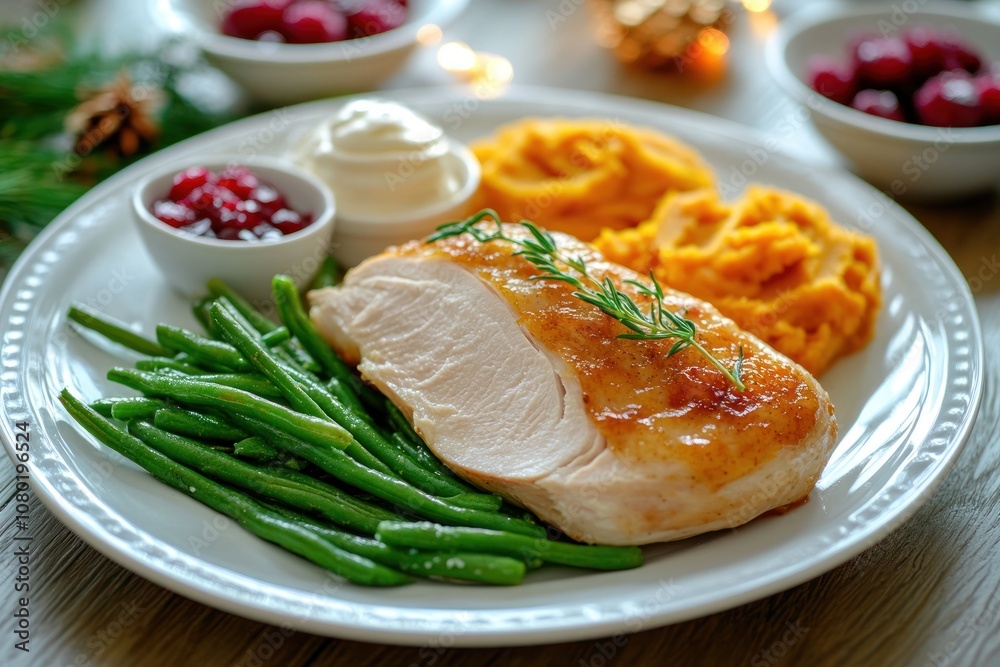 A plated meal featuring chicken, green beans, mashed sweet potatoes, and cranberry sauce. A plated meal featuring chicken, green beans, mashed sweet potatoes, and cranberry sauce.