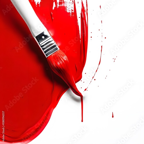 a brush filled with red paint leaves bright traces on a white background.