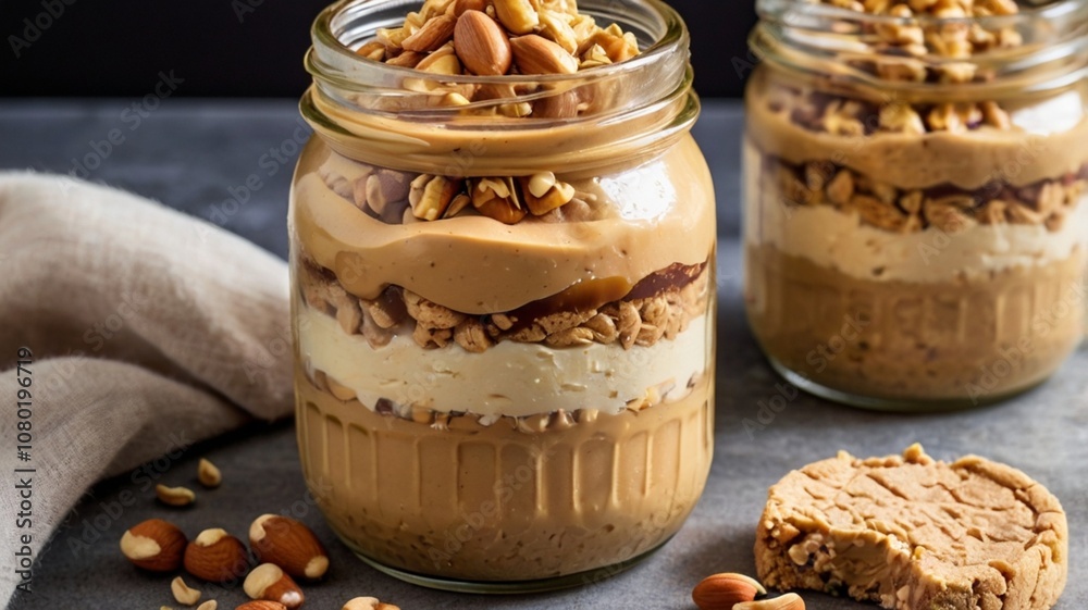A peanut butter cheesecake in a mason jar with layers of crushed peanut cookies, creamy filling, and a swirl of peanut butter on top. A peanut butter cheesecake in a mason jar with layers of crushed peanut cookies, creamy filling, and a swirl of peanut butter on top.