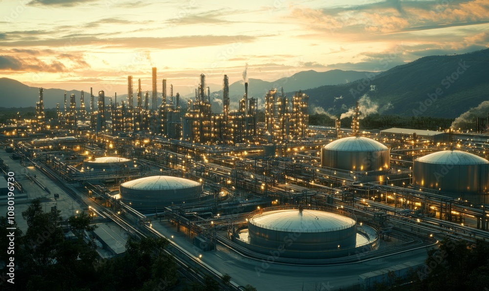 Obraz premium A vast industrial complex with a massive LNG storage tank designed for holding liquified natural gas at low temperatures, showcasing modern energy infrastructure