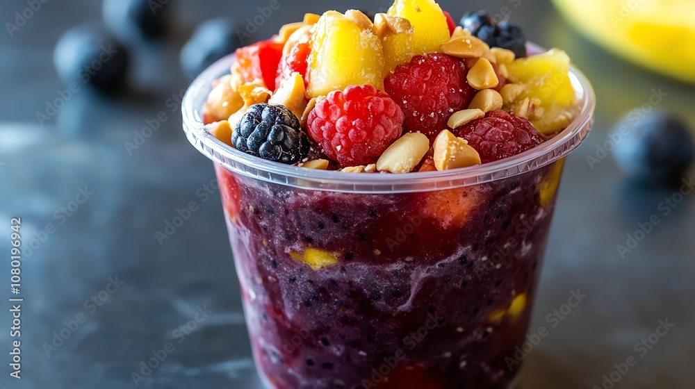 Acai bowl topped with fresh fruit and granola in a clear plastic cup. Acai bowl topped with fresh fruit and granola in a clear plastic cup.