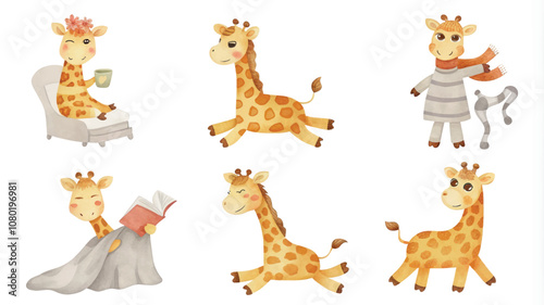 Giraffe cartoon character set. Cute giraffe vector illustration.