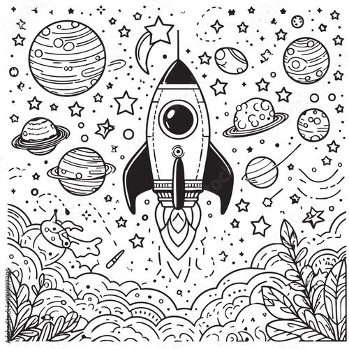 coloring page.A whimsical rocket launches through a galaxy filled with stars and planets in a black and white illustration photo