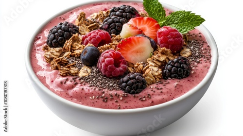 A delicious smoothie bowl topped with berries, granola, and fresh mint leaves.