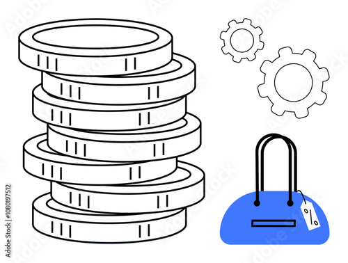 Coins stacked beside a handbag with price tag and gear symbols. Ideal for financial services, shopping, commerce, economy, business solutions, investment, and gear icons. Line metaphor