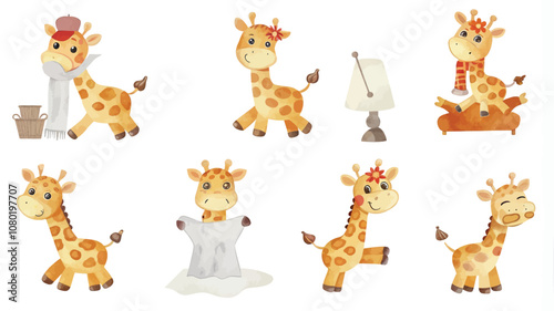 Giraffe cartoon character set. Cute animal vector illustration.