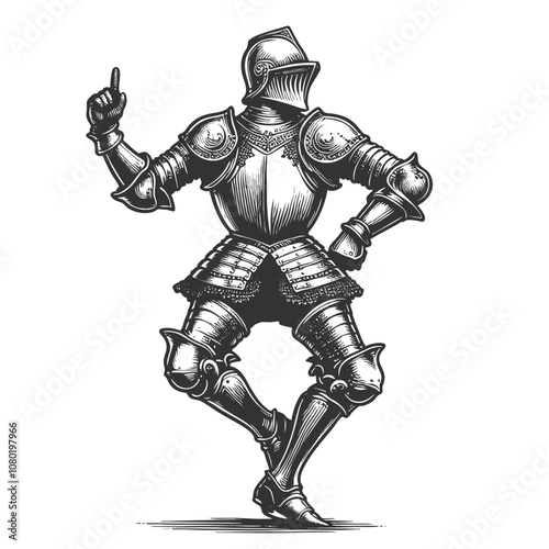 knight in full armor dancing joyfully, medieval imagery with playful, humorous elements sketch engraving generative ai vector illustration. Scratch board imitation. Black and white image.