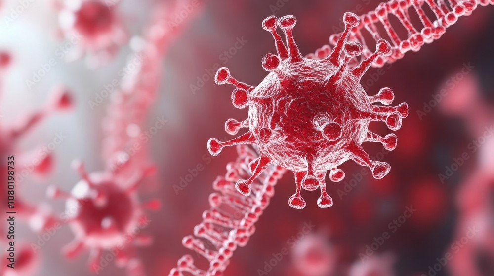 Close-up of a virus with DNA strands, illustrating molecular biology and infectious disease. Close-up of a virus with DNA strands, illustrating molecular biology and infectious disease.