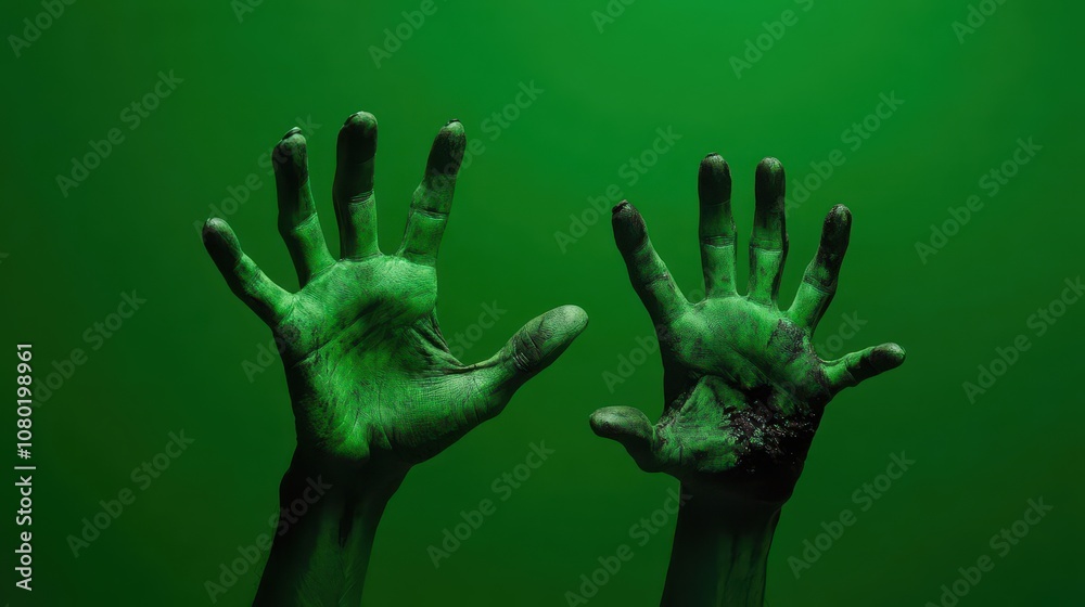Bold two uniquely textured hands raised against vibrant green background, symbolizing creativity, transformation, and environmental awareness. perfect for creative projects. Bold two uniquely textured hands raised against vibrant green background, symbolizing creativity, transformation, and environmental awareness. perfect for creative projects.