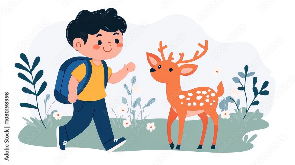 Naklejka premium Cheerful boy with curly hair walks through vibrant landscape in yellow t-shirt and jeans, accompanied by playful orange deer. lush greenery and flowers enhance the joyful scene.