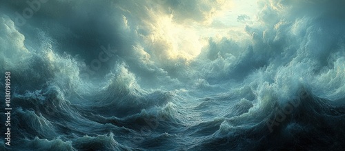 Dramatic, stormy seascape with a bright, ethereal glow in the sky.