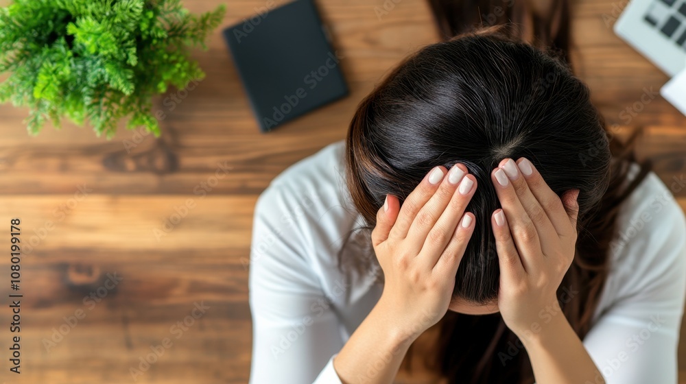 Close-up of distressed woman seated at wooden table, hands on her forehead, conveys anxiety. potted plant, laptop, and notebook hint at work environment. warm lighting enhances the contemplative mood. Close-up of distressed woman seated at wooden table, hands on her forehead, conveys anxiety. potted plant, laptop, and notebook hint at work environment. warm lighting enhances the contemplative mood.