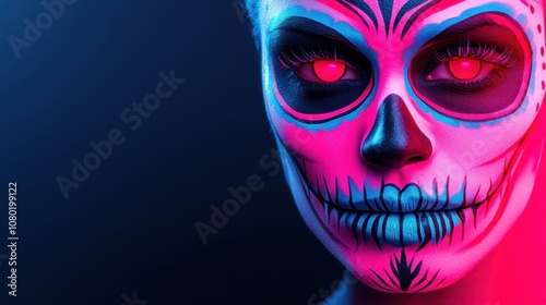 Close-up of person adorned with vibrant skull makeup inspired by dide los muertos, featuring pink and blue designs, dramatic eyes, and mystical backdrop.