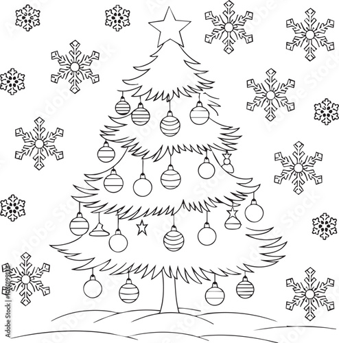 coloring page for relax for childrens and adult. A beautifully decorated Christmas tree surrounded by snowflakes in a festive winter wonderland scene