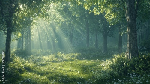 Sunbeams shine through a misty forest, illuminating a lush green undergrowth.