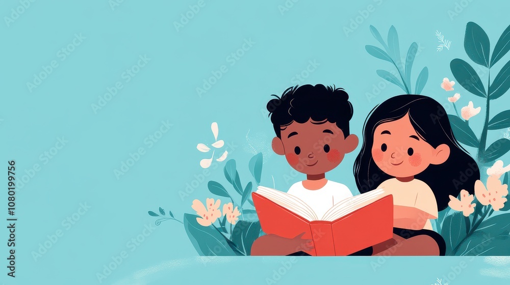 Lively illustration shows two children reading together, boy with curly hair and girl with flowing locks, surrounded by vibrant leaves and flowers. Lively illustration shows two children reading together, boy with curly hair and girl with flowing locks, surrounded by vibrant leaves and flowers.