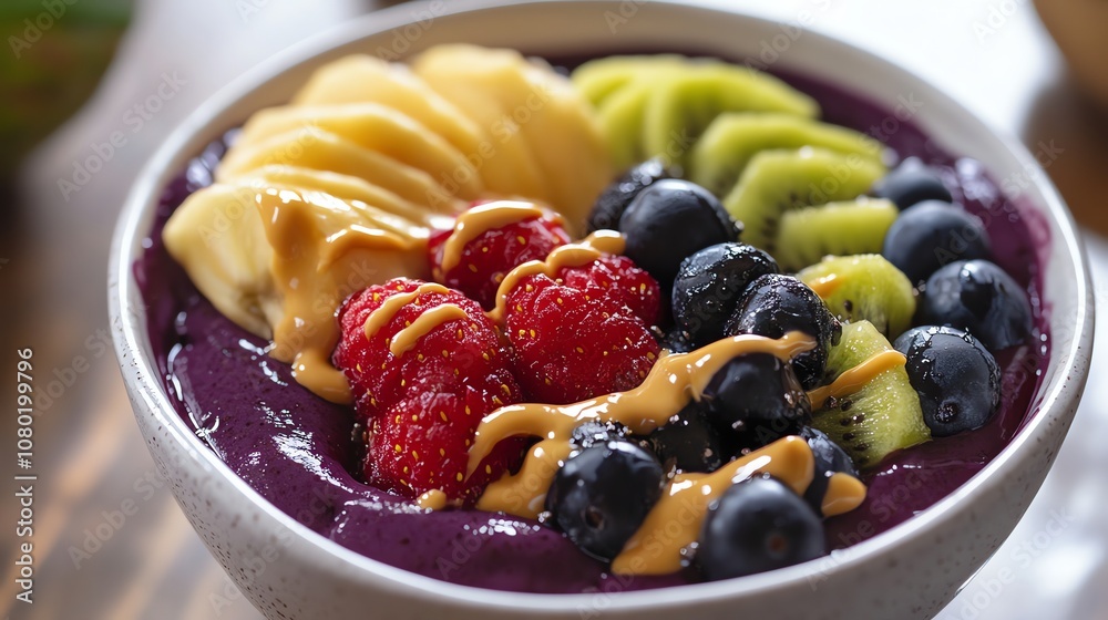Acai bowl with fruit and nuts in a white bowl. Acai bowl with fruit and nuts in a white bowl.