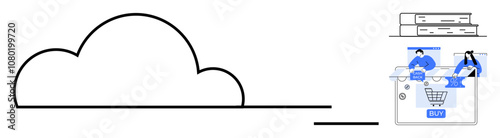 Cloud connected to an online shopping portal with users making purchases and seeking support. Ideal for e-commerce, cloud technology, online shopping, customer support, digital transactions, internet