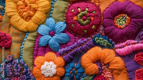 Vibrant embroidered textile artwork featuring colorful floral patterns and intricate stitching details in warm hues.