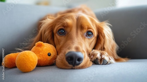 A golden retriever rests on a couch with a plush toy, showcasing a relaxed and cozy vibe.