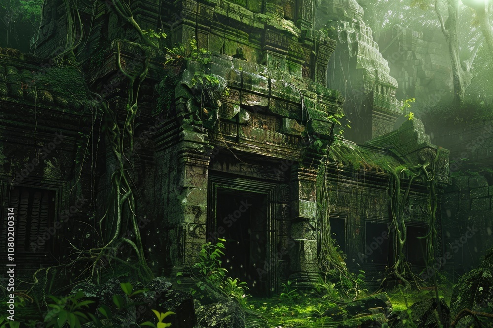 Ancient Stone Temple Overgrown by Lush Jungle Vegetation Ancient Stone Temple Overgrown by Lush Jungle Vegetation