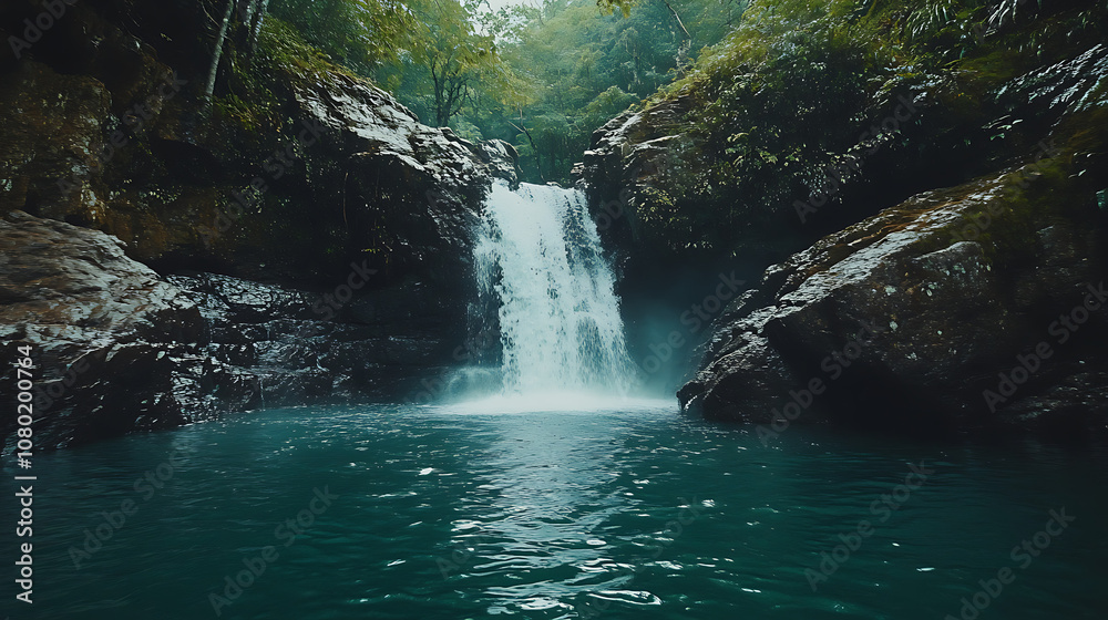 Naklejka premium A wide-angle shot of a waterfall flowing into a serene pool, showcasing the importance of composition in photography