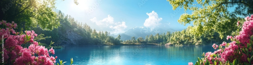 A serene lake surrounded by lush greenery and vibrant flowers under a clear blue sky. A serene lake surrounded by lush greenery and vibrant flowers under a clear blue sky.