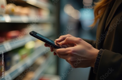 Closeup on woman using mobile phone in grocery store, blurred background photo