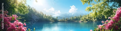 A serene lake surrounded by lush greenery and vibrant flowers under a clear blue sky.