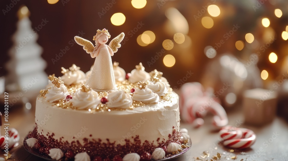 A festive cake adorned with an angel figurine and decorative elements for celebration.