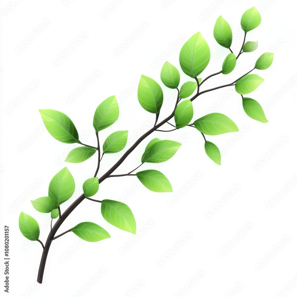 Fototapeta premium Vibrant 3D Rendered Eco-Friendly Branch with Green Leaves Isolated Illustration
