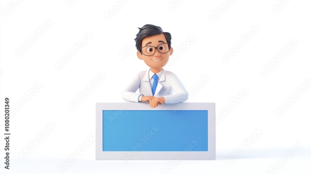 A cheerful cartoon doctor stands behind a blank sign, ready to convey a message. A cheerful cartoon doctor stands behind a blank sign, ready to convey a message.