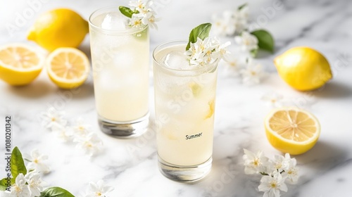 Refreshing lemon drinks garnished with flowers, perfect for summer enjoyment.