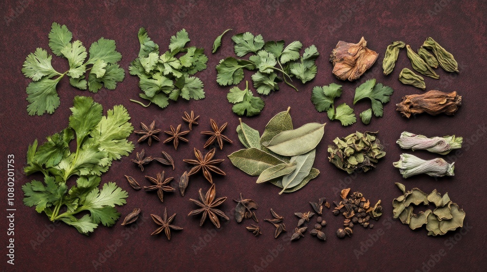 A variety of fresh herbs and spices displayed artistically on a dark background. A variety of fresh herbs and spices displayed artistically on a dark background.