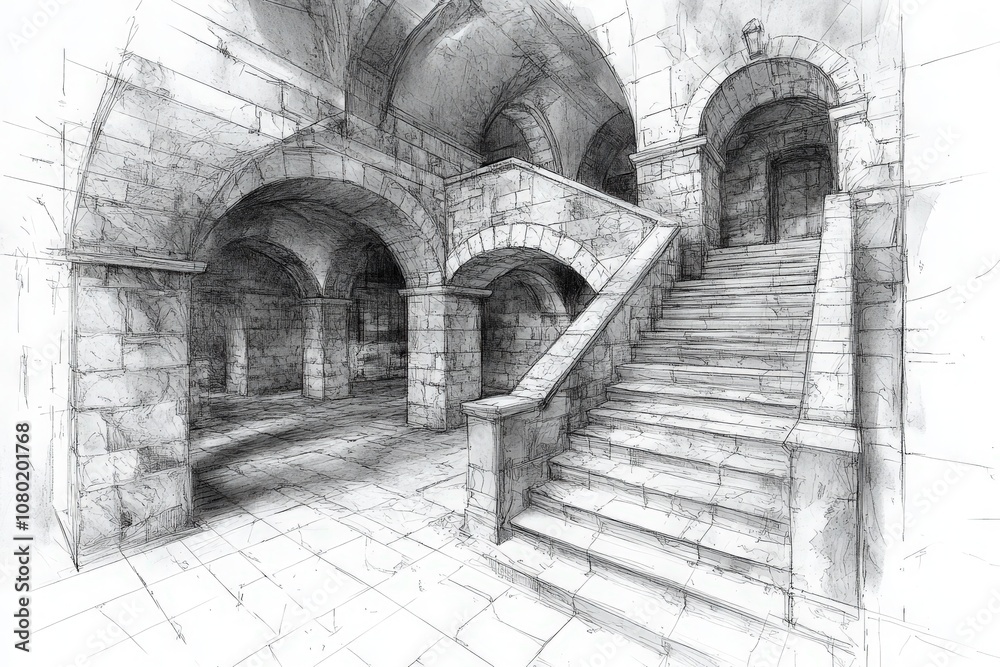 This sketch depicts a detailed basement layout with arched doorways, a staircase, and stone columns, highlighting a classical architectural style in an expansive, historical setting. This sketch depicts a detailed basement layout with arched doorways, a staircase, and stone columns, highlighting a classical architectural style in an expansive, historical setting.