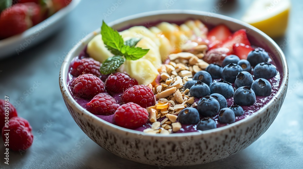 Acai bowl with fruit and nuts. Acai bowl with fruit and nuts.