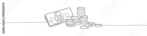 Money continuous one line drawing vector illustration. Coins and bill of dollar single line hand-drawn illustration