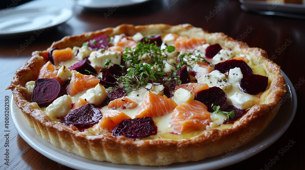 Homemade tart with salmon, beetroots and cheese Homemade tart with salmon, beetroots and cheese